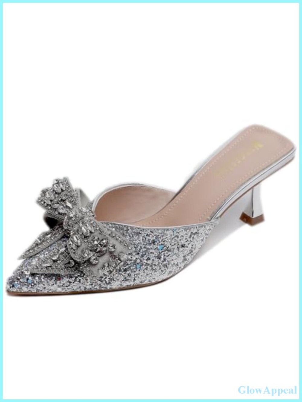 Rhinestone Bow Kitten Heel Mules Faux Leather Pointed Toe Slip On Wedding Party